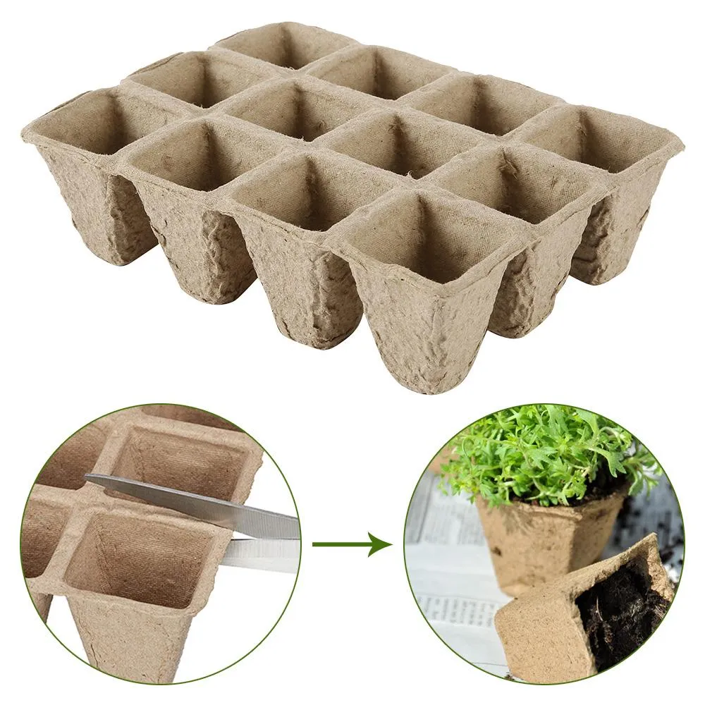 120pc 10 trays Biodegradable Paper Pulp Peat Square Pot Tray Plant Nursery Vegetable Seed Starter