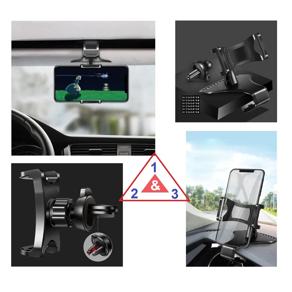 3 in 1 Car GPS Smartphone Holder: Dashboard / Visor Clamp   AC Grid Clip for HTC Status, AT&T Status - Black