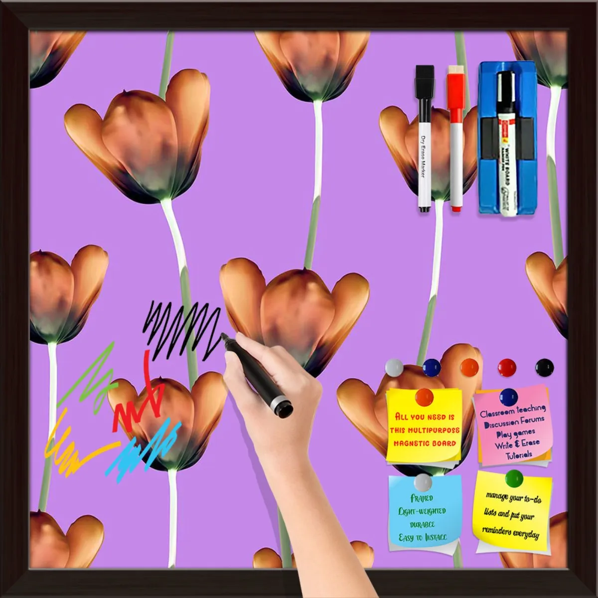 3D Tulips Pattern D1 Framed Magnetic Dry Erase Board | Combo with Magnet Buttons & Markers