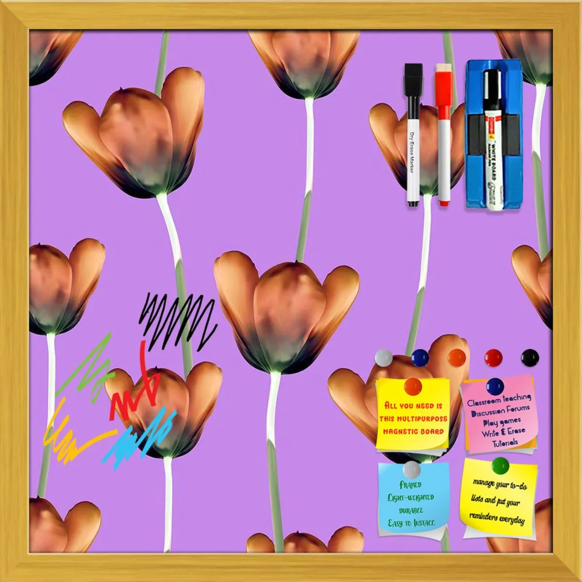3D Tulips Pattern D1 Framed Magnetic Dry Erase Board | Combo with Magnet Buttons & Markers