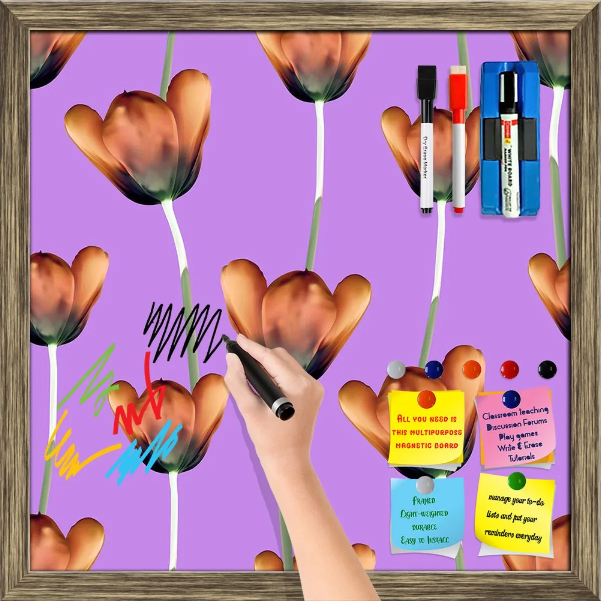 3D Tulips Pattern D1 Framed Magnetic Dry Erase Board | Combo with Magnet Buttons & Markers