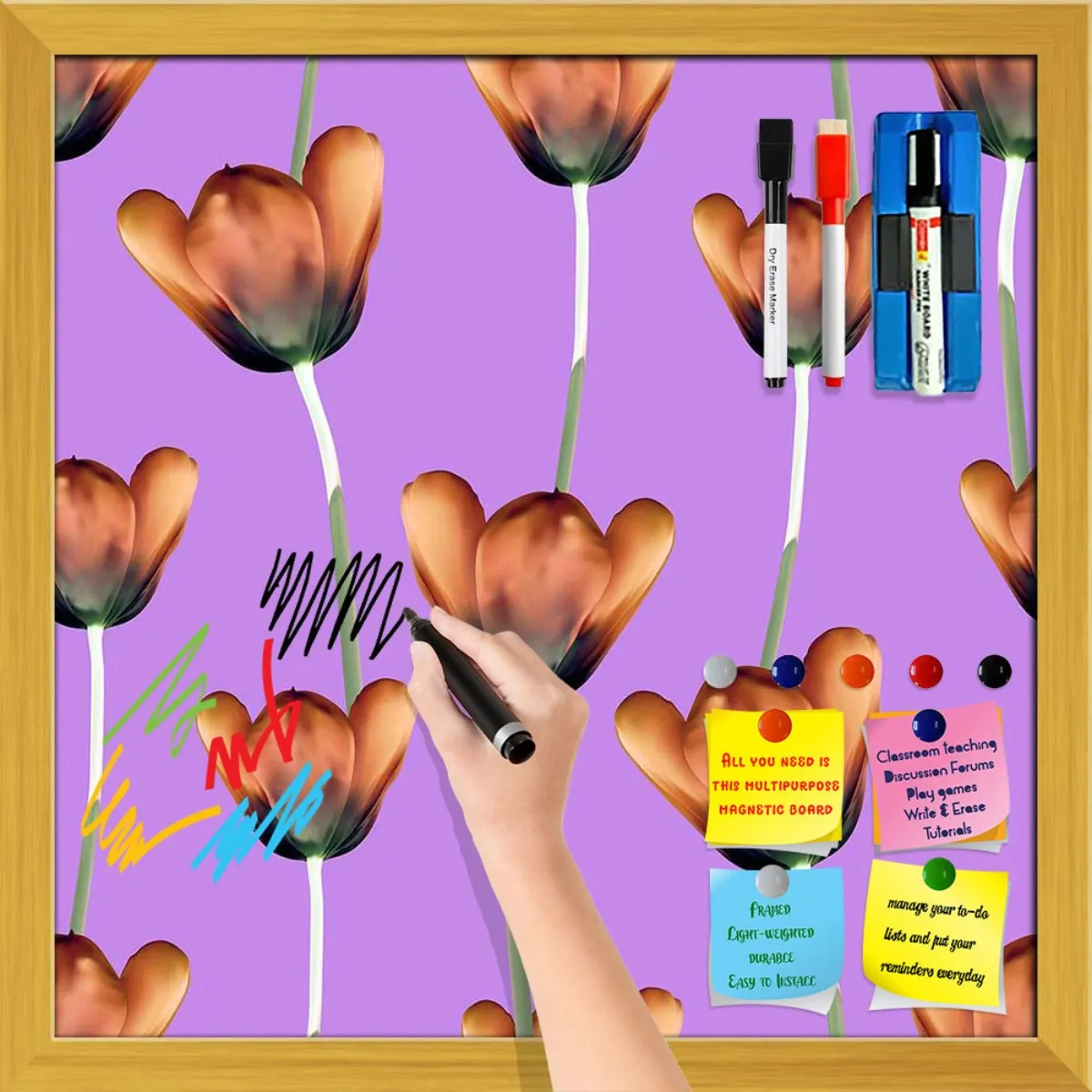 3D Tulips Pattern D1 Framed Magnetic Dry Erase Board | Combo with Magnet Buttons & Markers