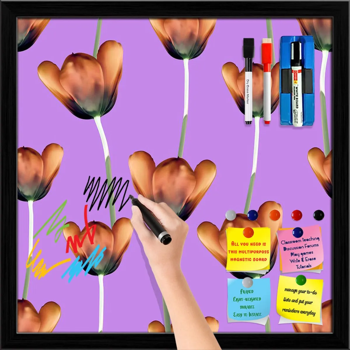 3D Tulips Pattern D1 Framed Magnetic Dry Erase Board | Combo with Magnet Buttons & Markers