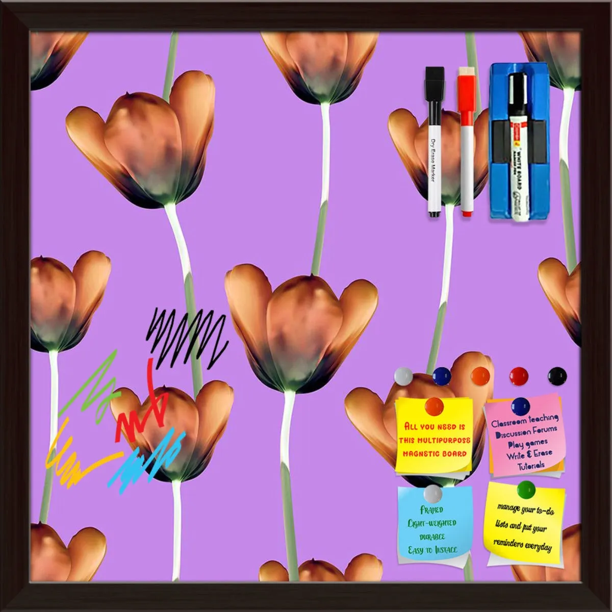 3D Tulips Pattern D1 Framed Magnetic Dry Erase Board | Combo with Magnet Buttons & Markers
