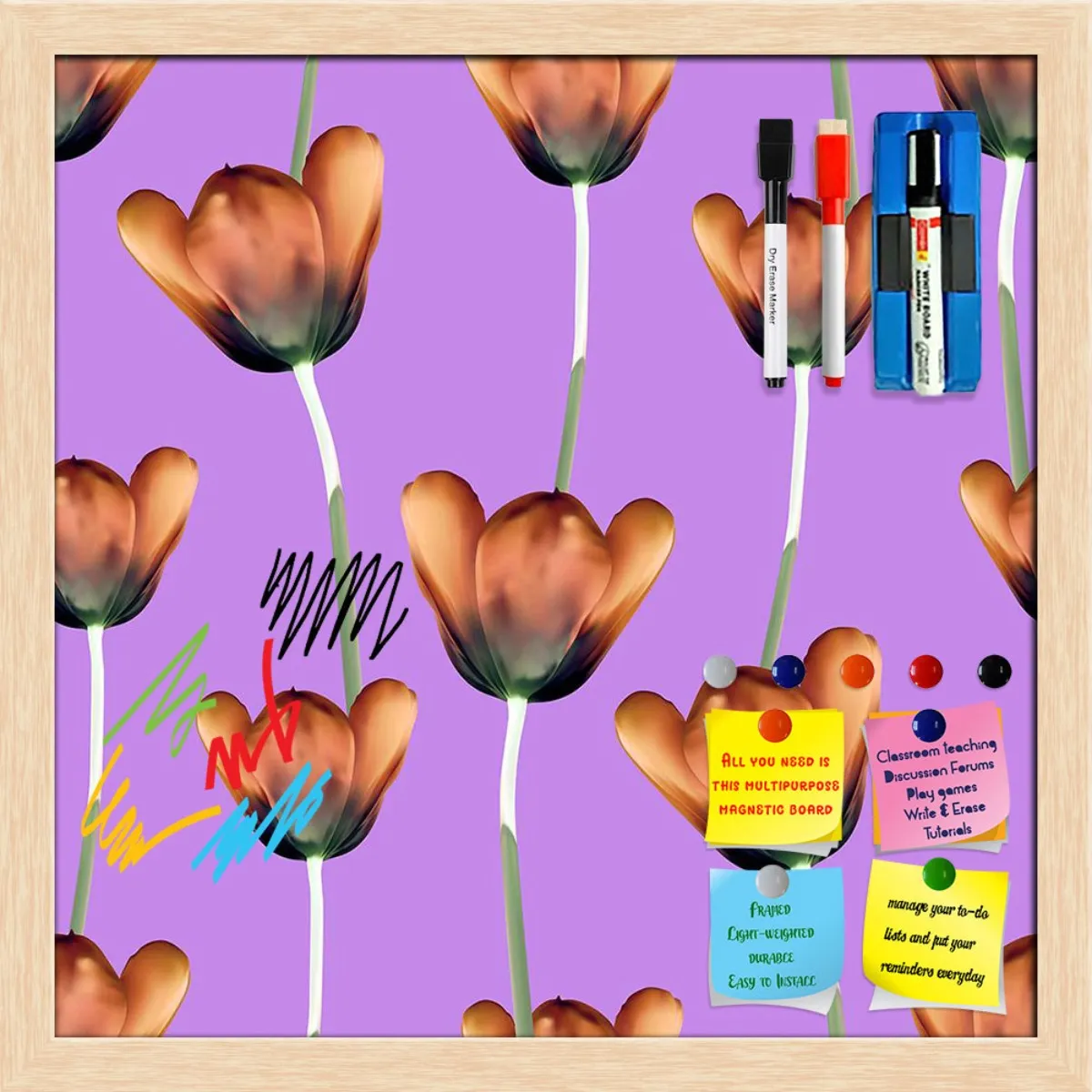 3D Tulips Pattern D1 Framed Magnetic Dry Erase Board | Combo with Magnet Buttons & Markers