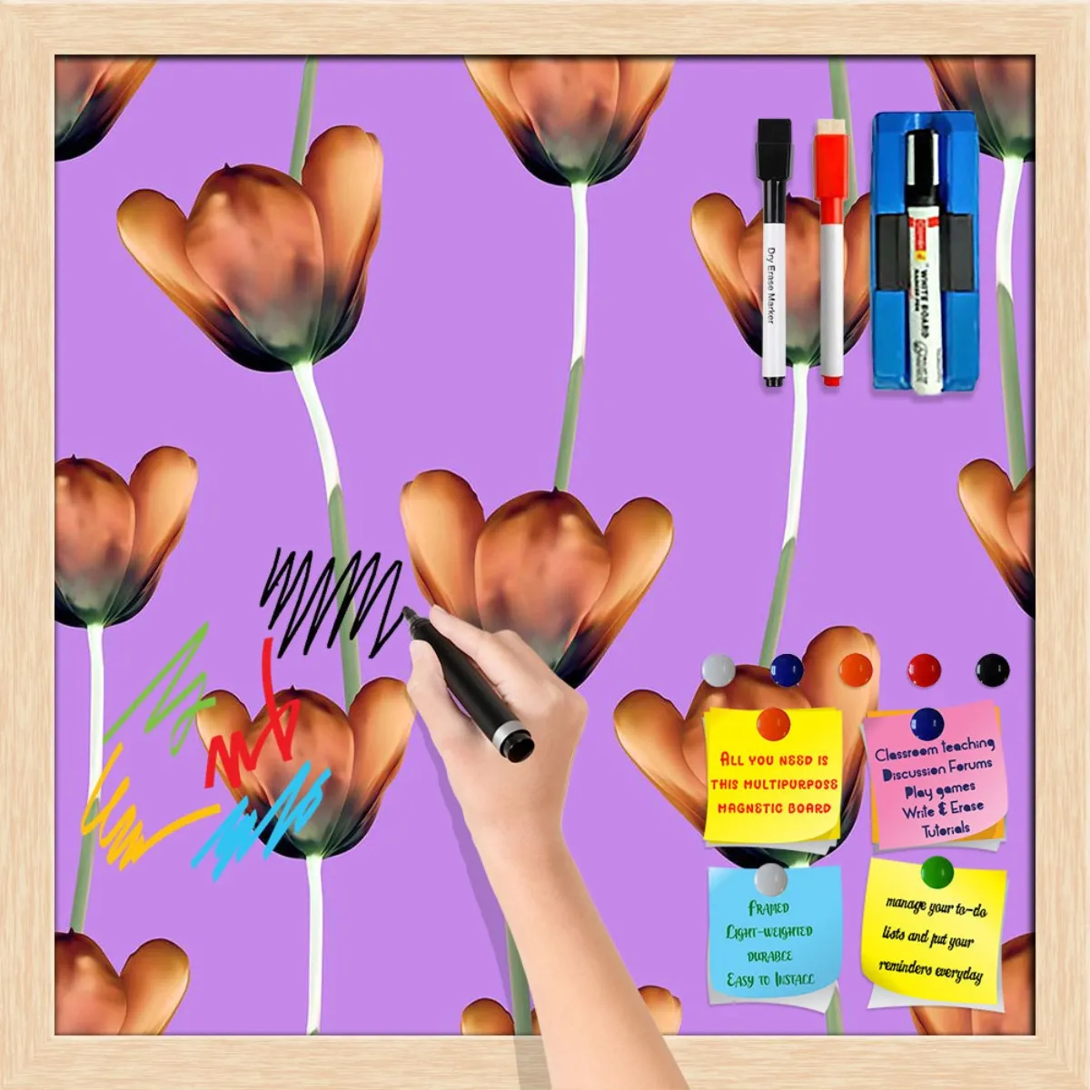 3D Tulips Pattern D1 Framed Magnetic Dry Erase Board | Combo with Magnet Buttons & Markers