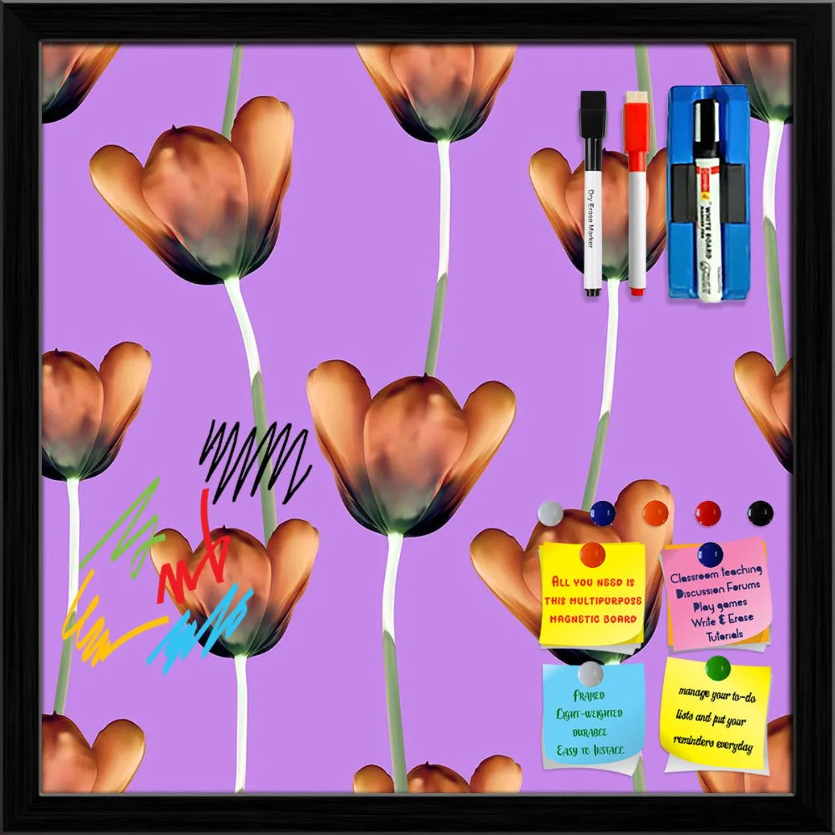 3D Tulips Pattern D1 Framed Magnetic Dry Erase Board | Combo with Magnet Buttons & Markers