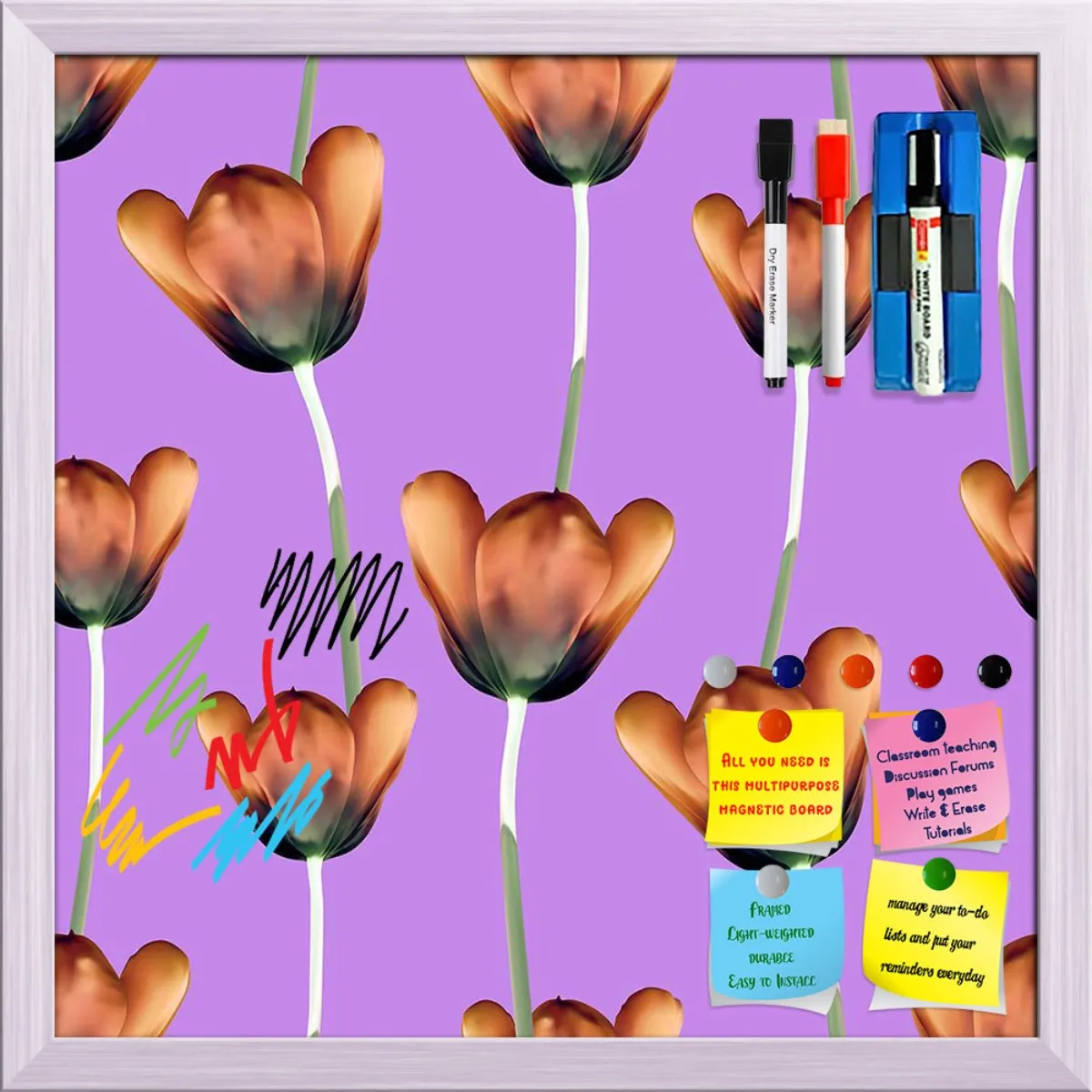 3D Tulips Pattern D1 Framed Magnetic Dry Erase Board | Combo with Magnet Buttons & Markers