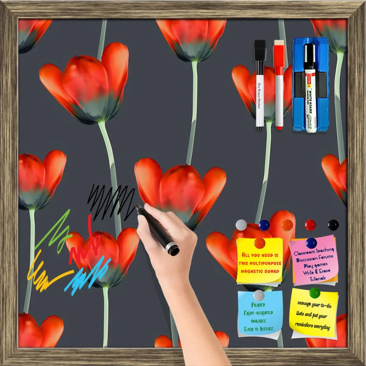 3D Tulips Pattern D2 Framed Magnetic Dry Erase Board | Combo with Magnet Buttons & Markers