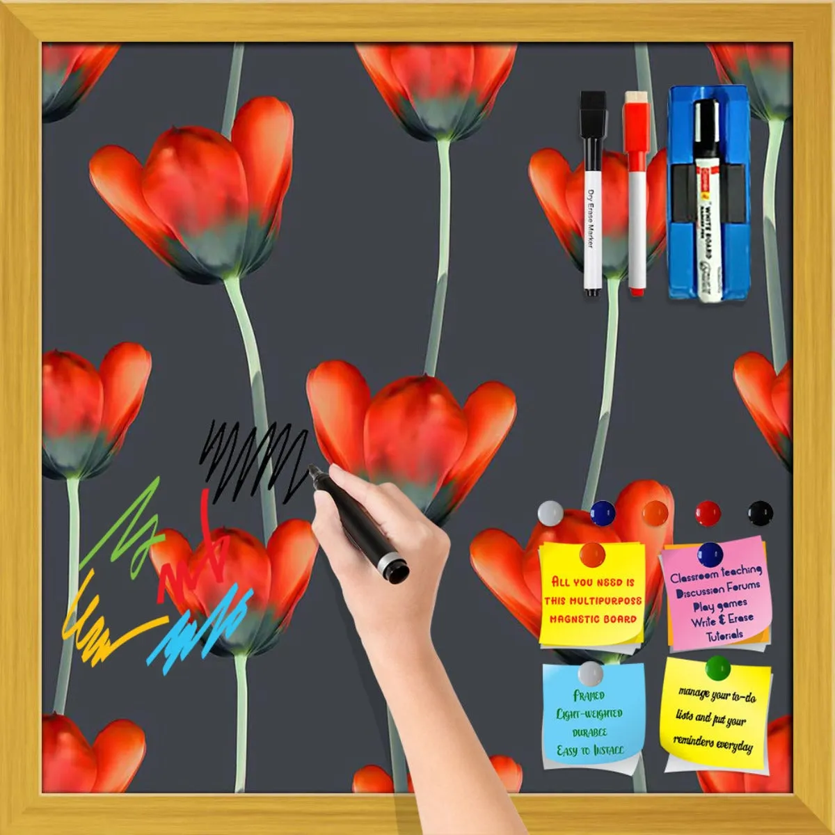 3D Tulips Pattern D2 Framed Magnetic Dry Erase Board | Combo with Magnet Buttons & Markers