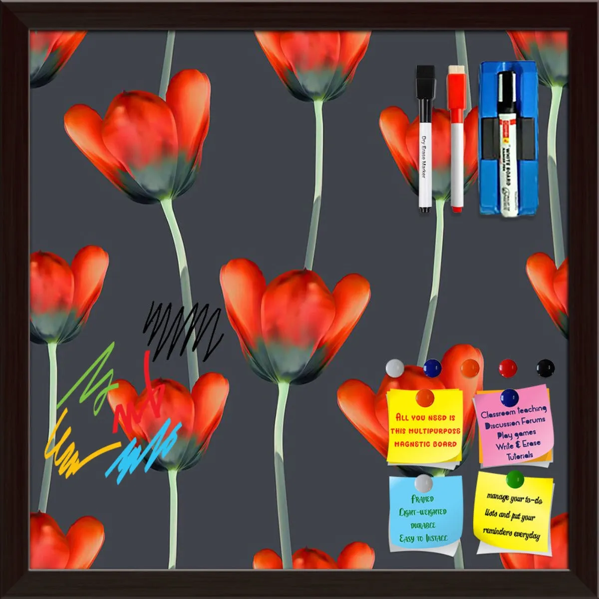 3D Tulips Pattern D2 Framed Magnetic Dry Erase Board | Combo with Magnet Buttons & Markers
