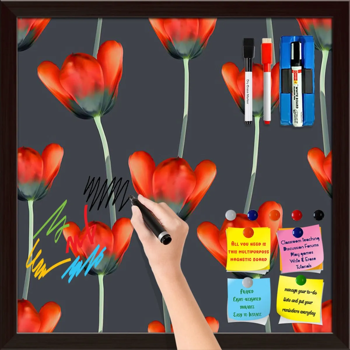 3D Tulips Pattern D2 Framed Magnetic Dry Erase Board | Combo with Magnet Buttons & Markers