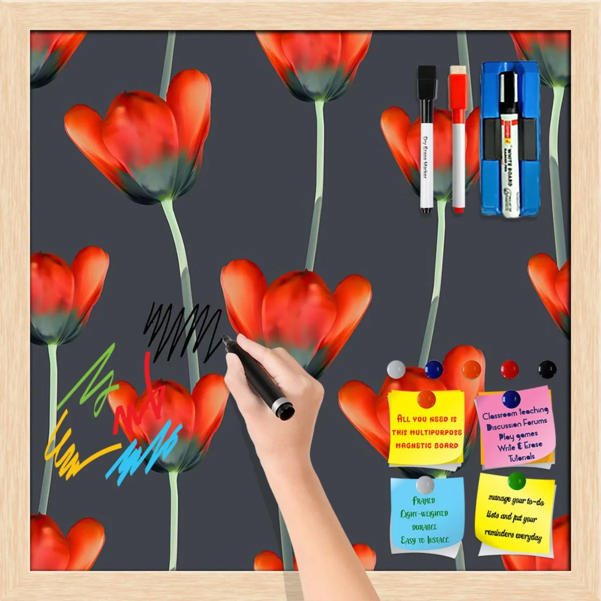 3D Tulips Pattern D2 Framed Magnetic Dry Erase Board | Combo with Magnet Buttons & Markers