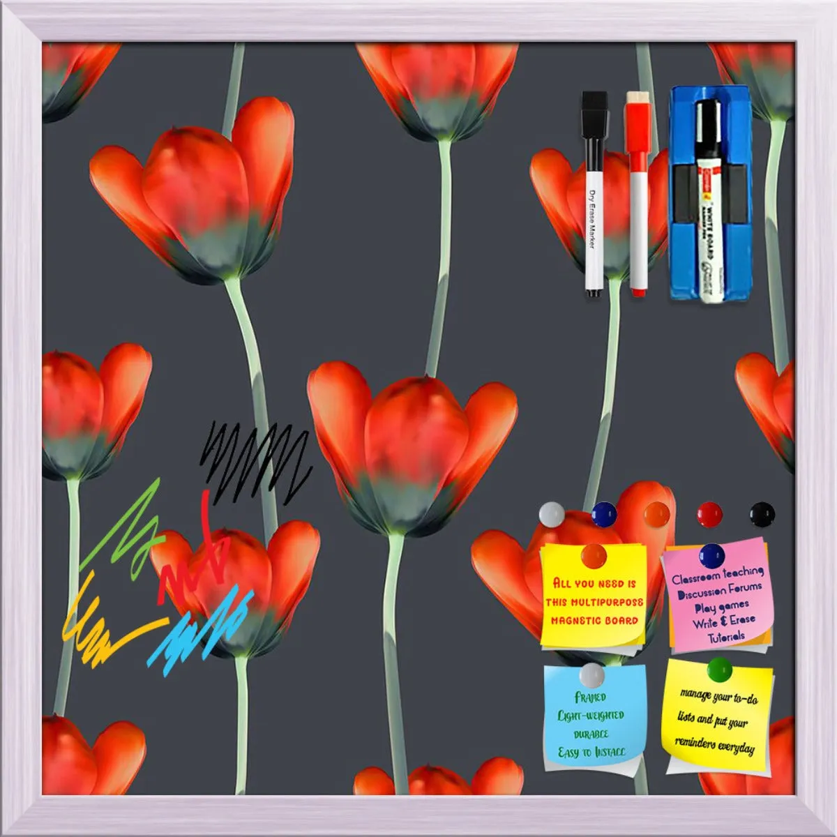 3D Tulips Pattern D2 Framed Magnetic Dry Erase Board | Combo with Magnet Buttons & Markers