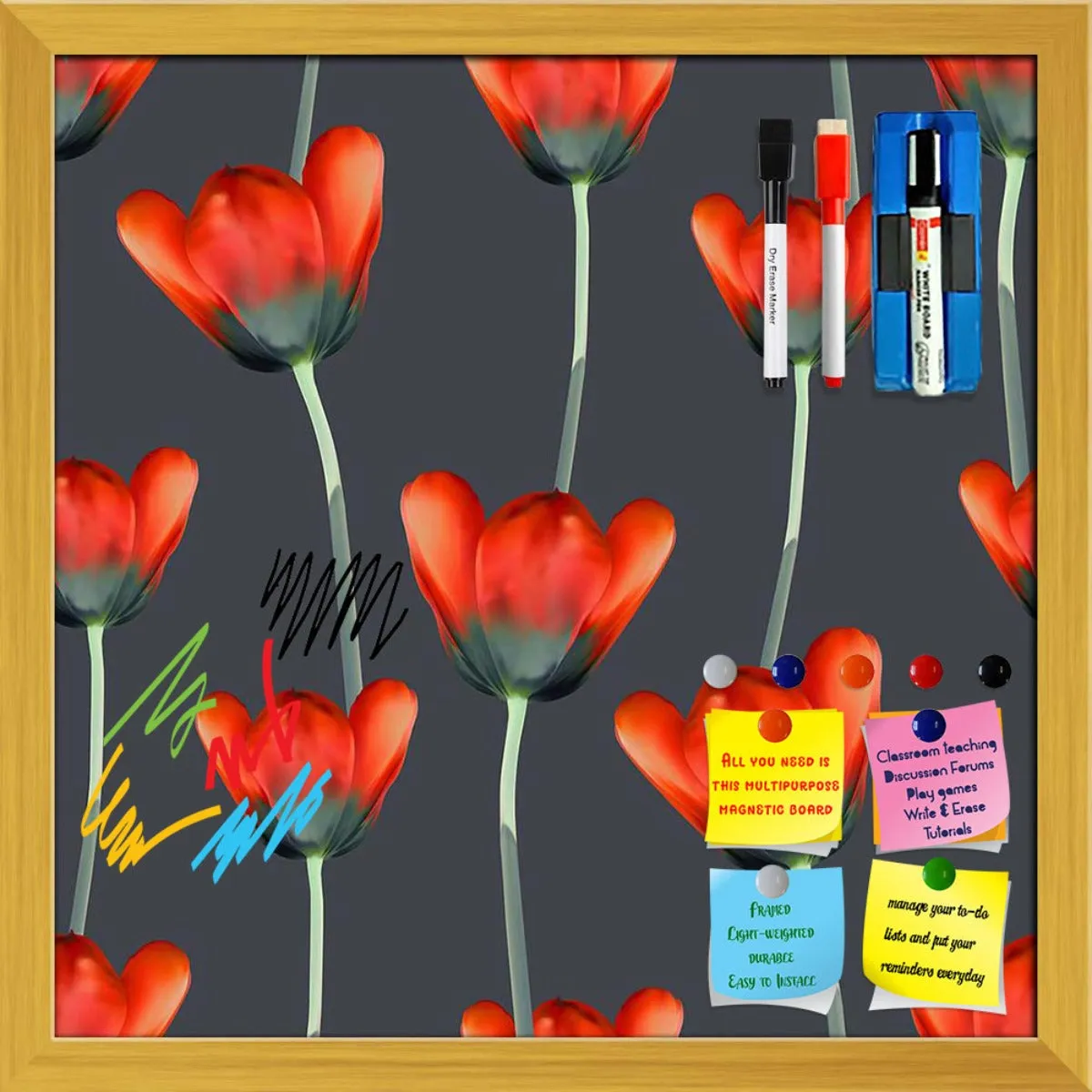3D Tulips Pattern D2 Framed Magnetic Dry Erase Board | Combo with Magnet Buttons & Markers