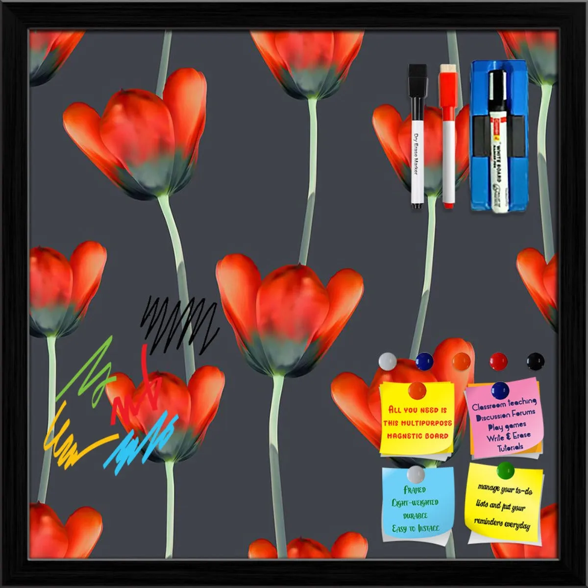 3D Tulips Pattern D2 Framed Magnetic Dry Erase Board | Combo with Magnet Buttons & Markers