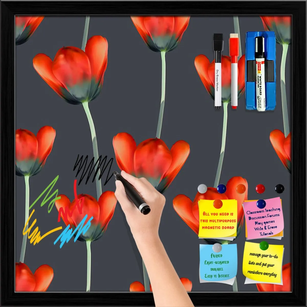 3D Tulips Pattern D2 Framed Magnetic Dry Erase Board | Combo with Magnet Buttons & Markers