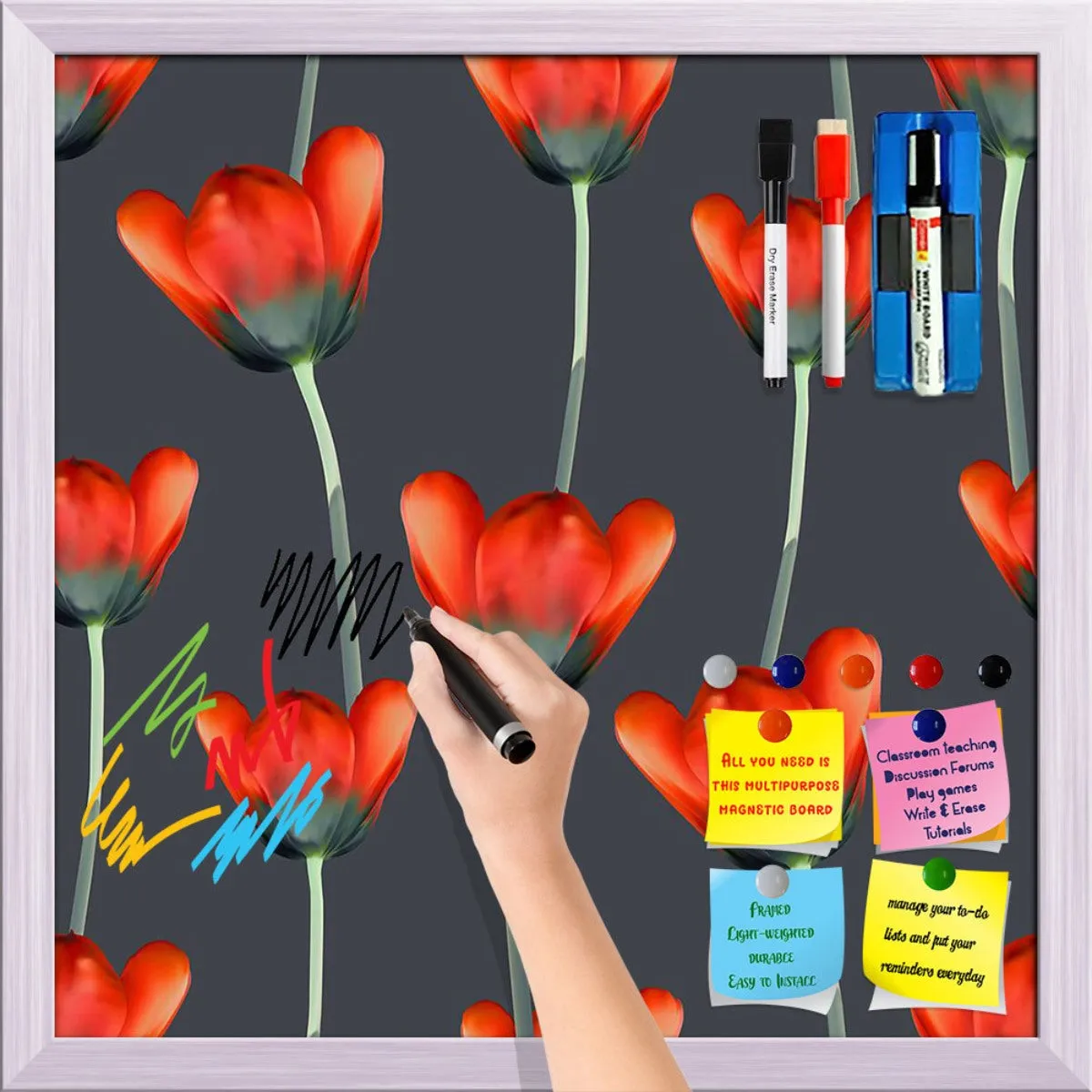 3D Tulips Pattern D2 Framed Magnetic Dry Erase Board | Combo with Magnet Buttons & Markers