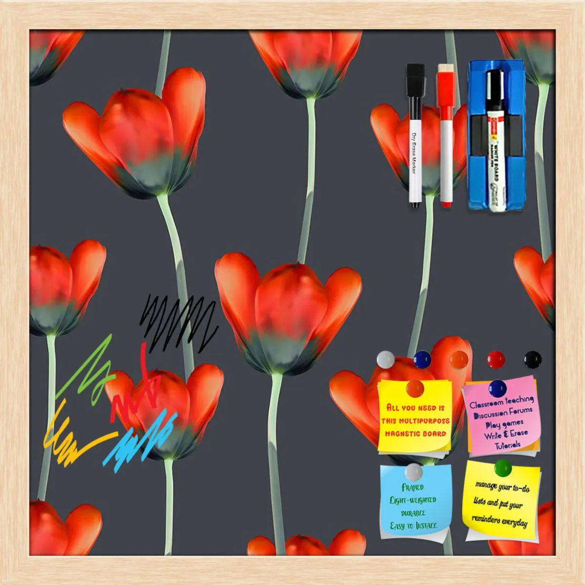 3D Tulips Pattern D2 Framed Magnetic Dry Erase Board | Combo with Magnet Buttons & Markers