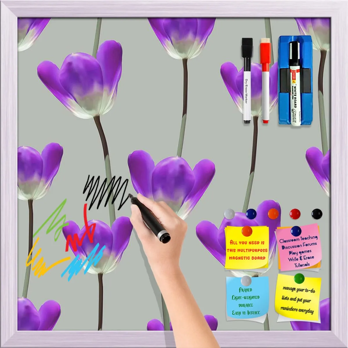 3D Tulips Pattern D3 Framed Magnetic Dry Erase Board | Combo with Magnet Buttons & Markers