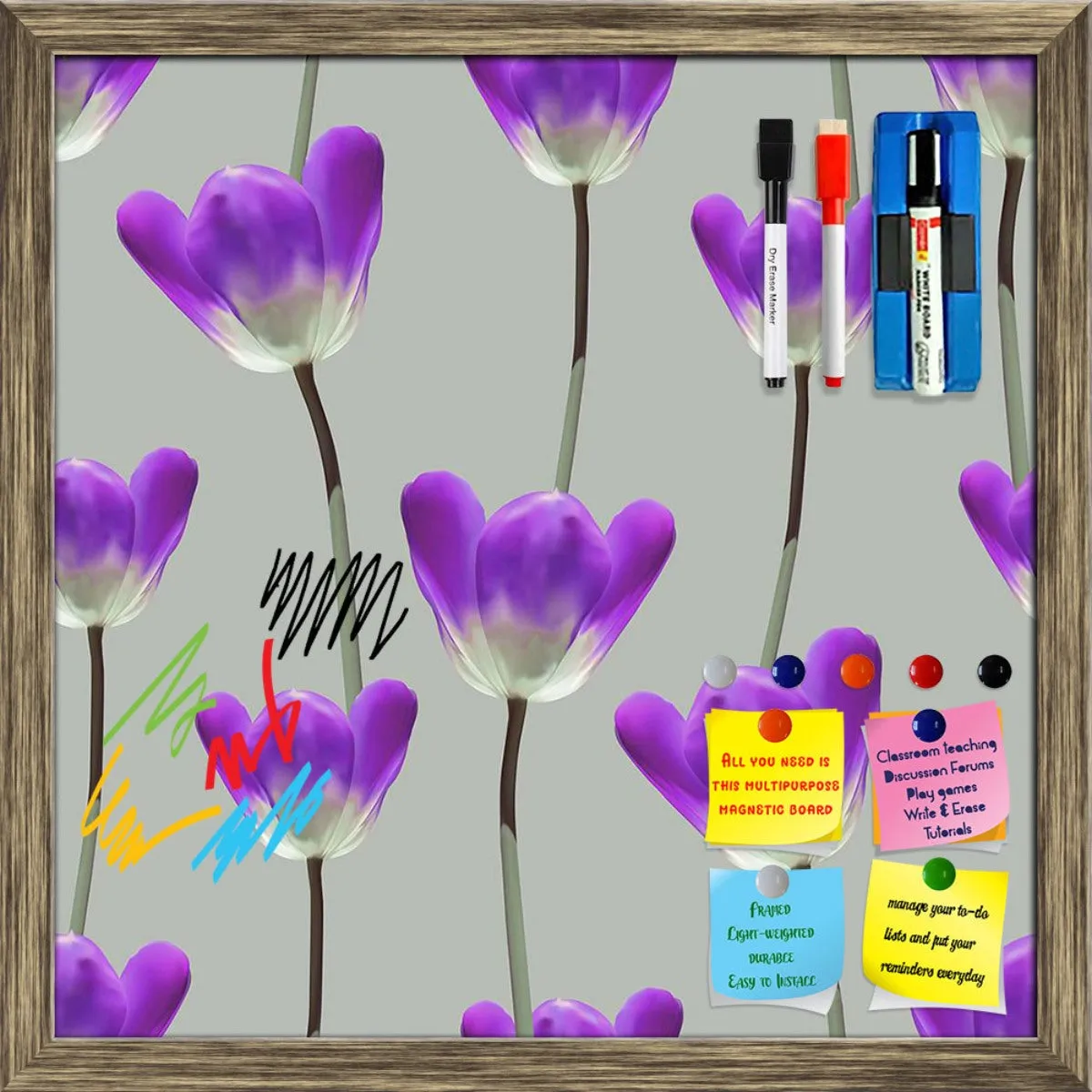 3D Tulips Pattern D3 Framed Magnetic Dry Erase Board | Combo with Magnet Buttons & Markers