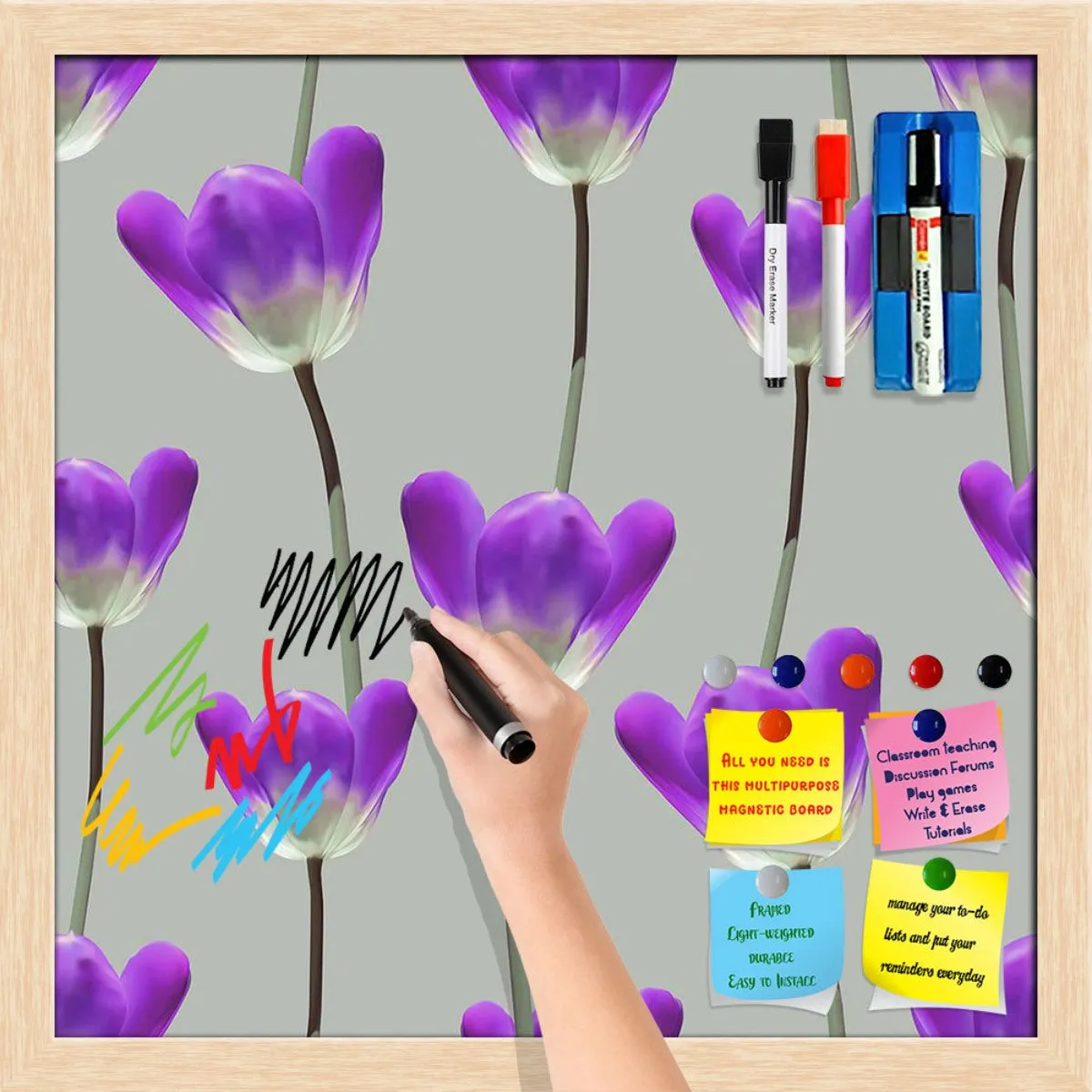 3D Tulips Pattern D3 Framed Magnetic Dry Erase Board | Combo with Magnet Buttons & Markers