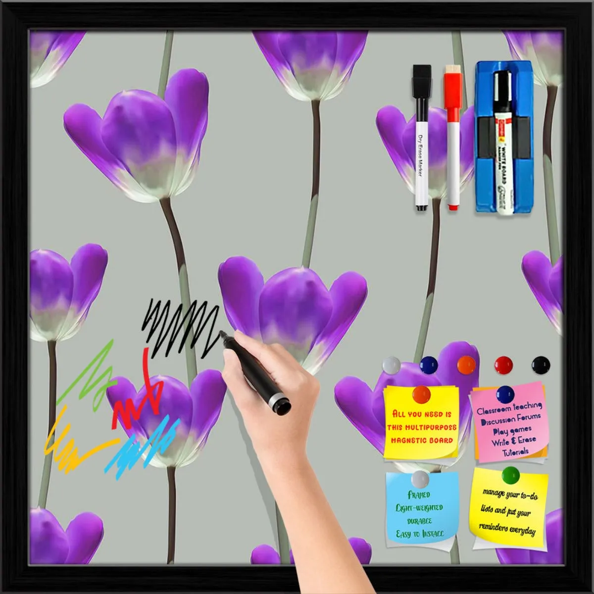 3D Tulips Pattern D3 Framed Magnetic Dry Erase Board | Combo with Magnet Buttons & Markers