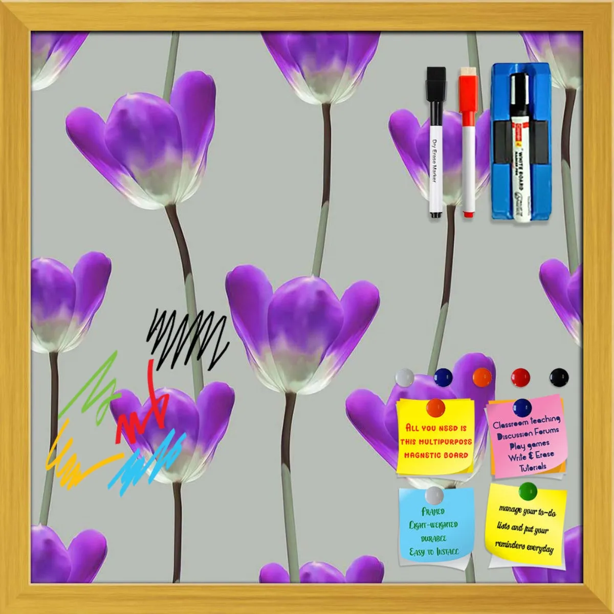 3D Tulips Pattern D3 Framed Magnetic Dry Erase Board | Combo with Magnet Buttons & Markers