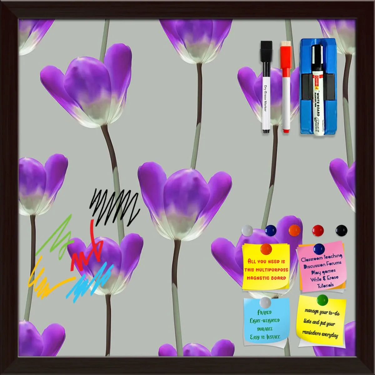 3D Tulips Pattern D3 Framed Magnetic Dry Erase Board | Combo with Magnet Buttons & Markers