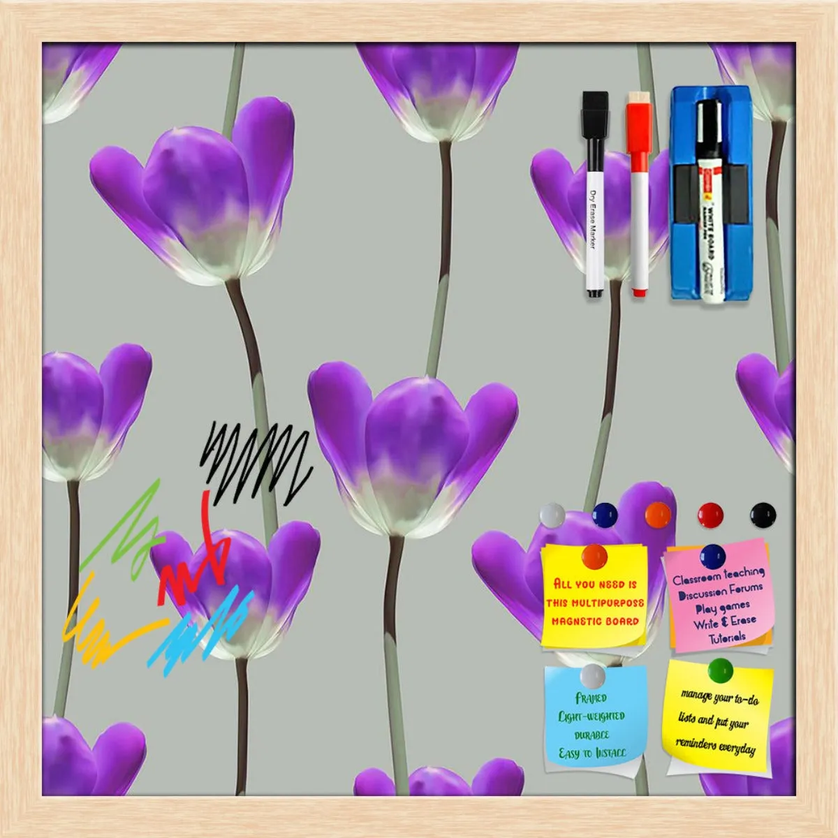 3D Tulips Pattern D3 Framed Magnetic Dry Erase Board | Combo with Magnet Buttons & Markers