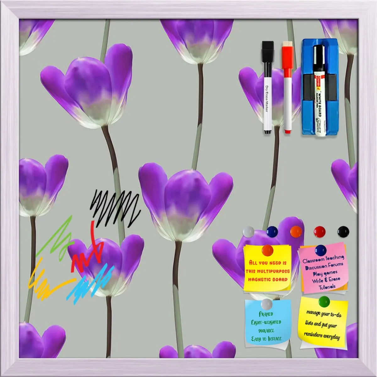3D Tulips Pattern D3 Framed Magnetic Dry Erase Board | Combo with Magnet Buttons & Markers
