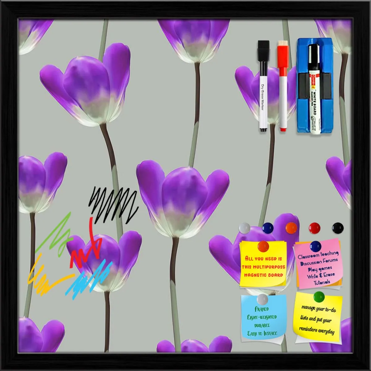 3D Tulips Pattern D3 Framed Magnetic Dry Erase Board | Combo with Magnet Buttons & Markers