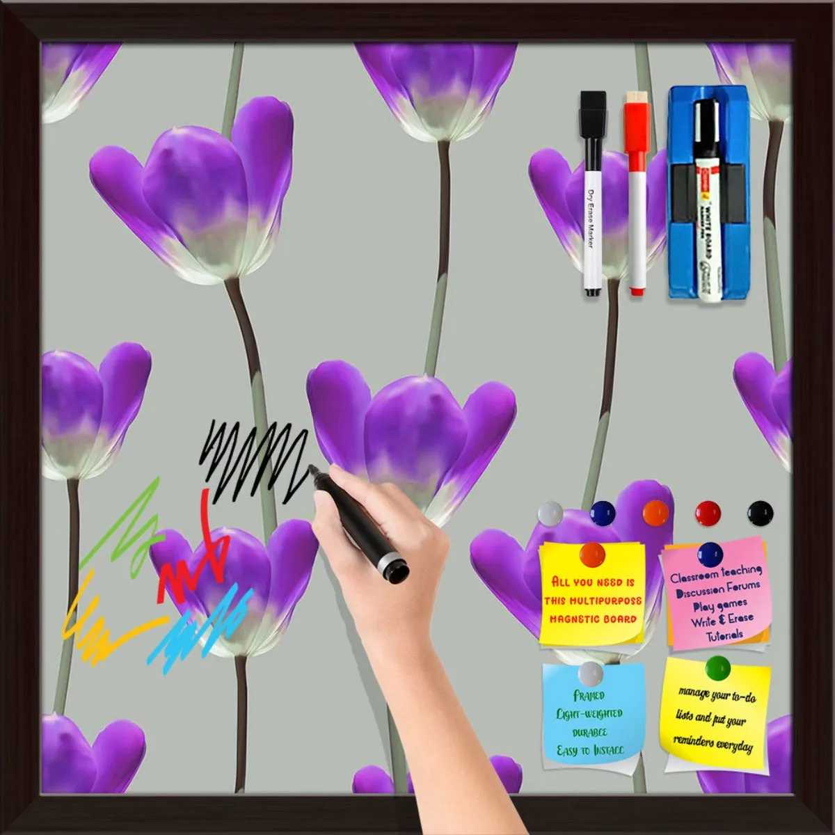 3D Tulips Pattern D3 Framed Magnetic Dry Erase Board | Combo with Magnet Buttons & Markers