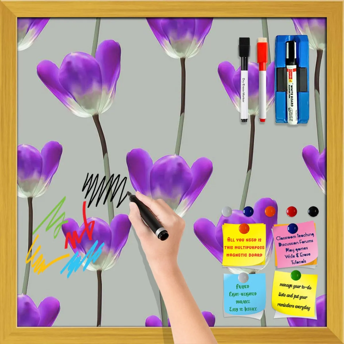 3D Tulips Pattern D3 Framed Magnetic Dry Erase Board | Combo with Magnet Buttons & Markers