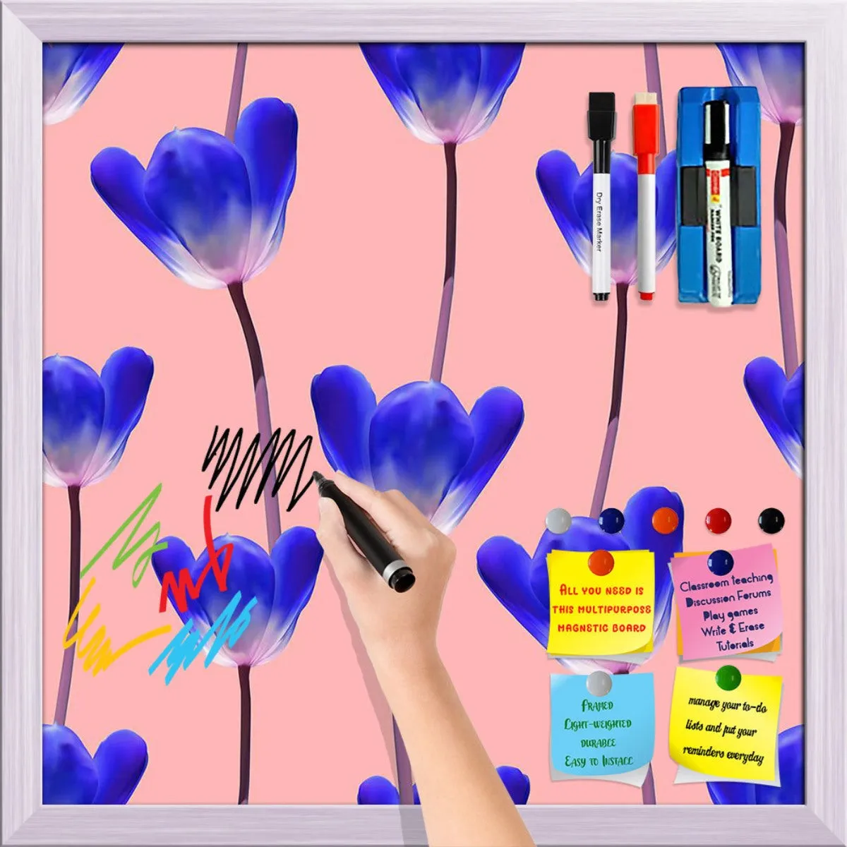 3D Tulips Pattern D4 Framed Magnetic Dry Erase Board | Combo with Magnet Buttons & Markers
