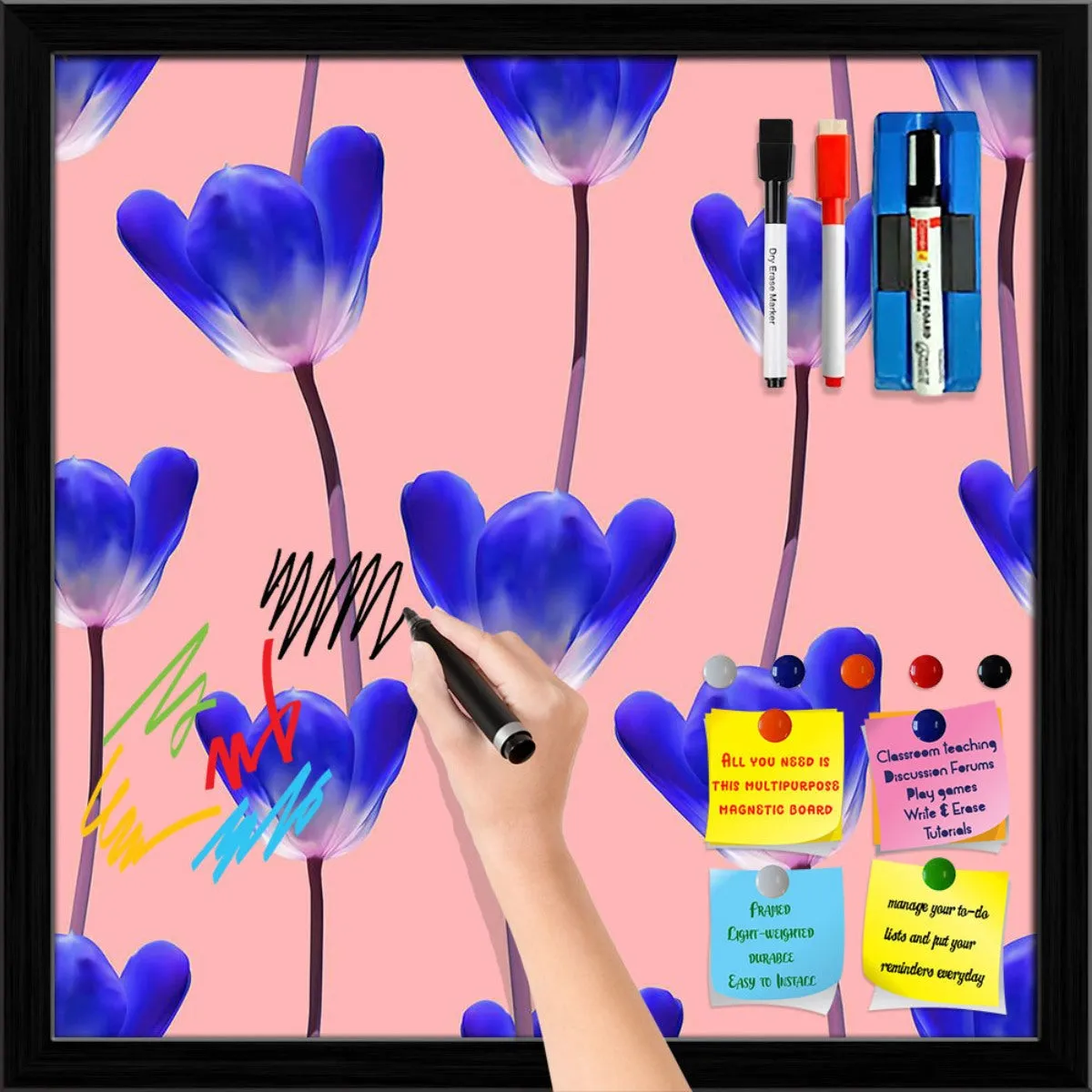 3D Tulips Pattern D4 Framed Magnetic Dry Erase Board | Combo with Magnet Buttons & Markers