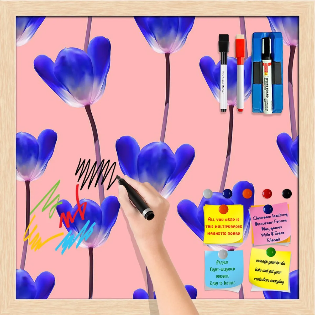 3D Tulips Pattern D4 Framed Magnetic Dry Erase Board | Combo with Magnet Buttons & Markers