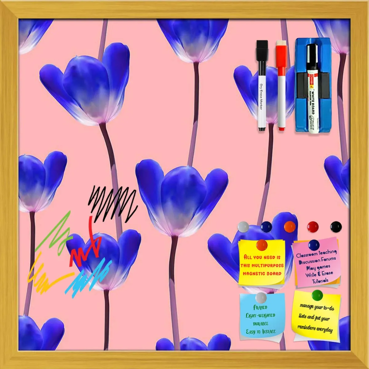 3D Tulips Pattern D4 Framed Magnetic Dry Erase Board | Combo with Magnet Buttons & Markers