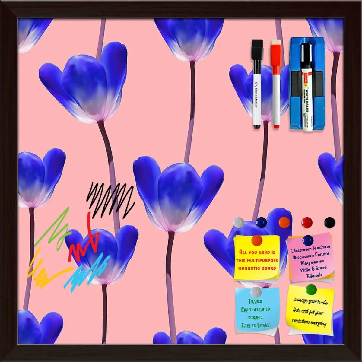 3D Tulips Pattern D4 Framed Magnetic Dry Erase Board | Combo with Magnet Buttons & Markers