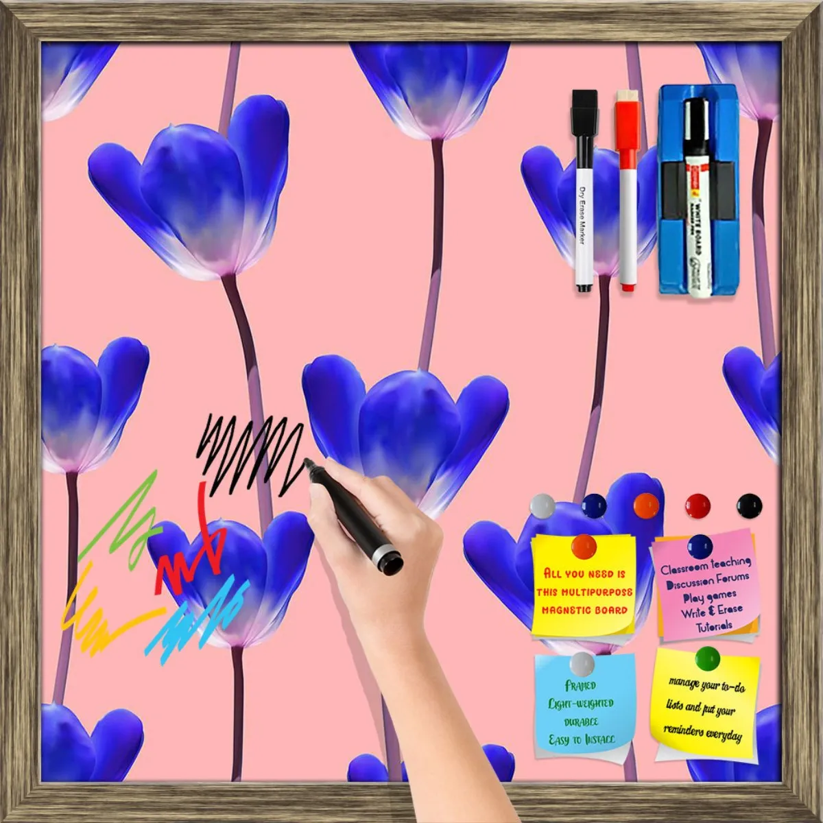 3D Tulips Pattern D4 Framed Magnetic Dry Erase Board | Combo with Magnet Buttons & Markers