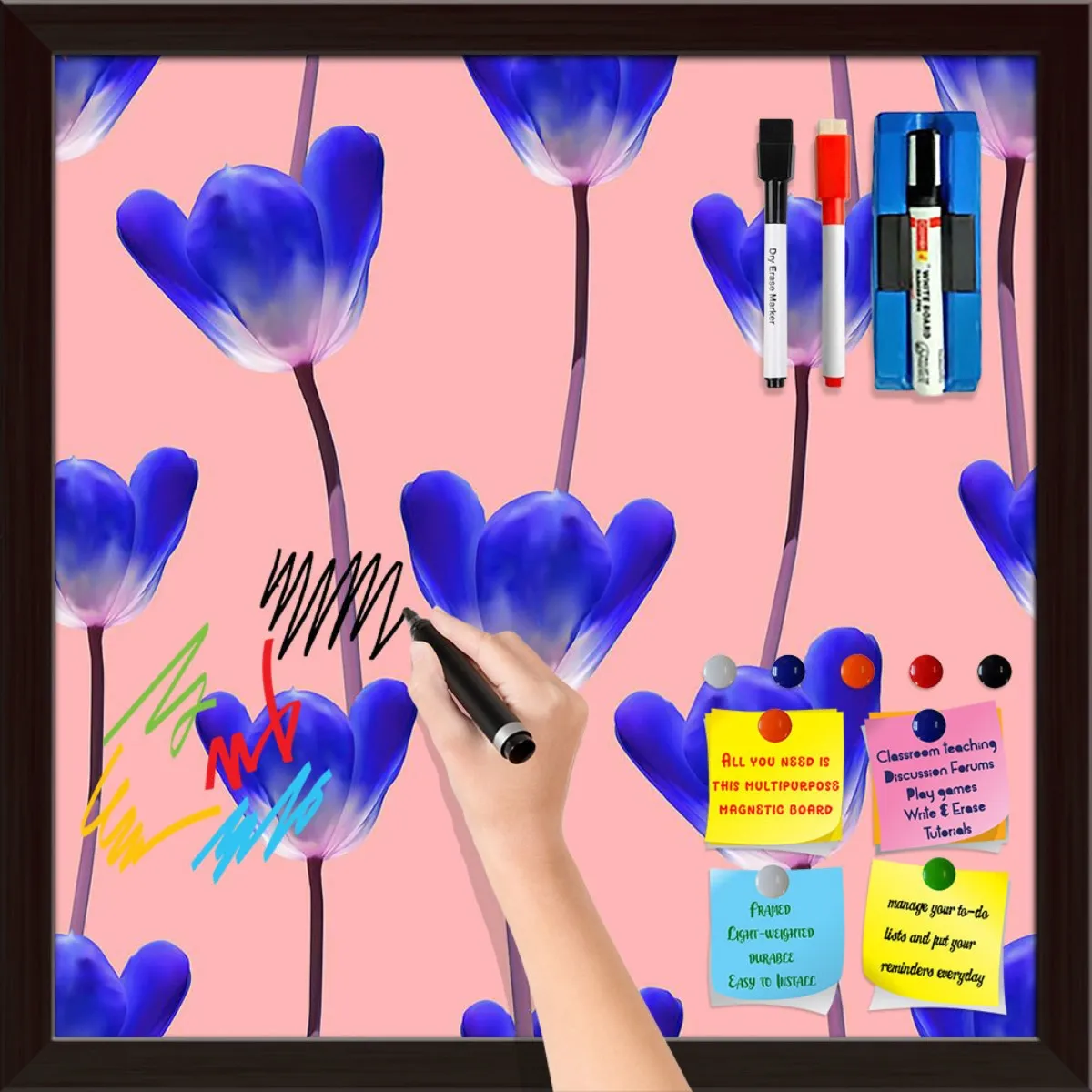 3D Tulips Pattern D4 Framed Magnetic Dry Erase Board | Combo with Magnet Buttons & Markers