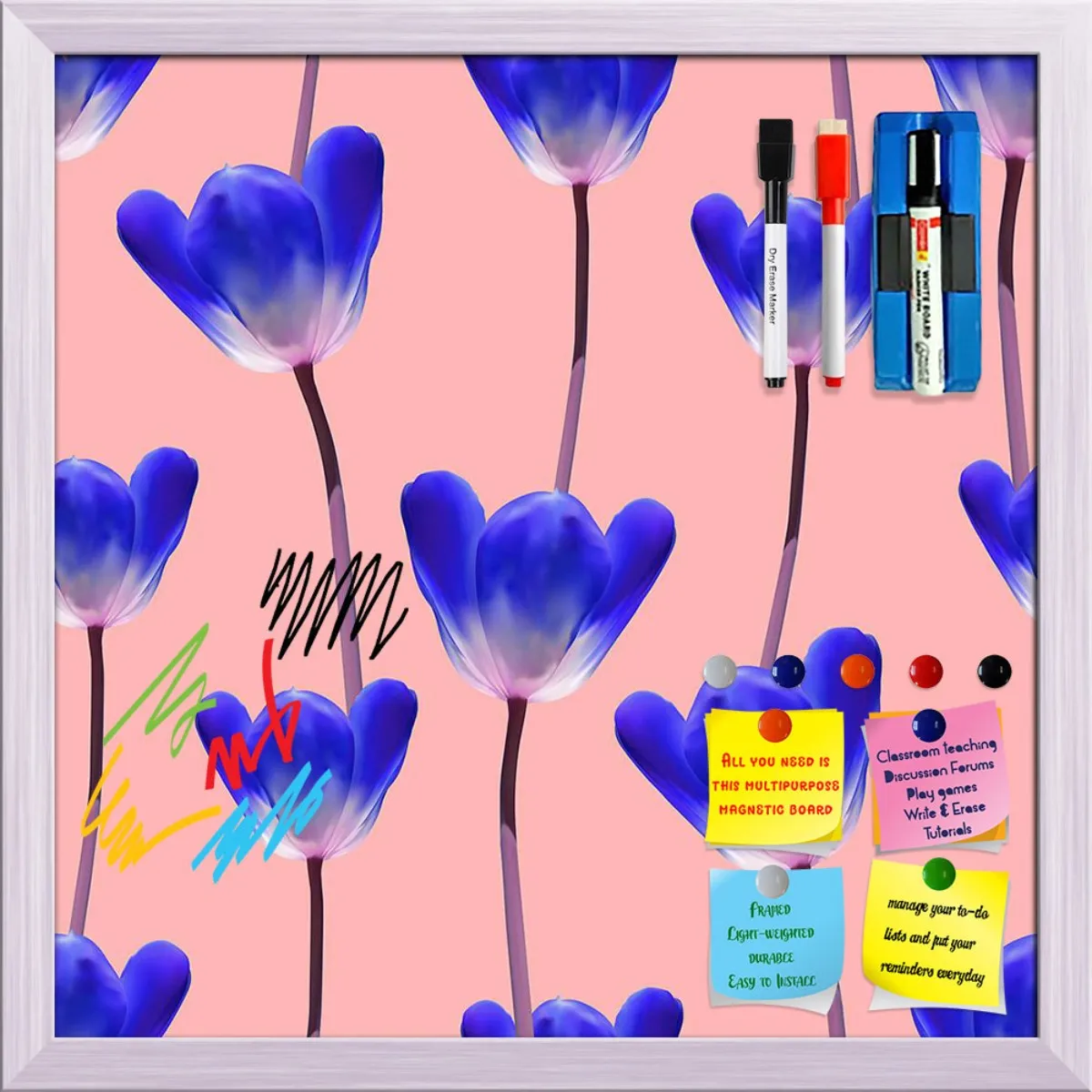3D Tulips Pattern D4 Framed Magnetic Dry Erase Board | Combo with Magnet Buttons & Markers