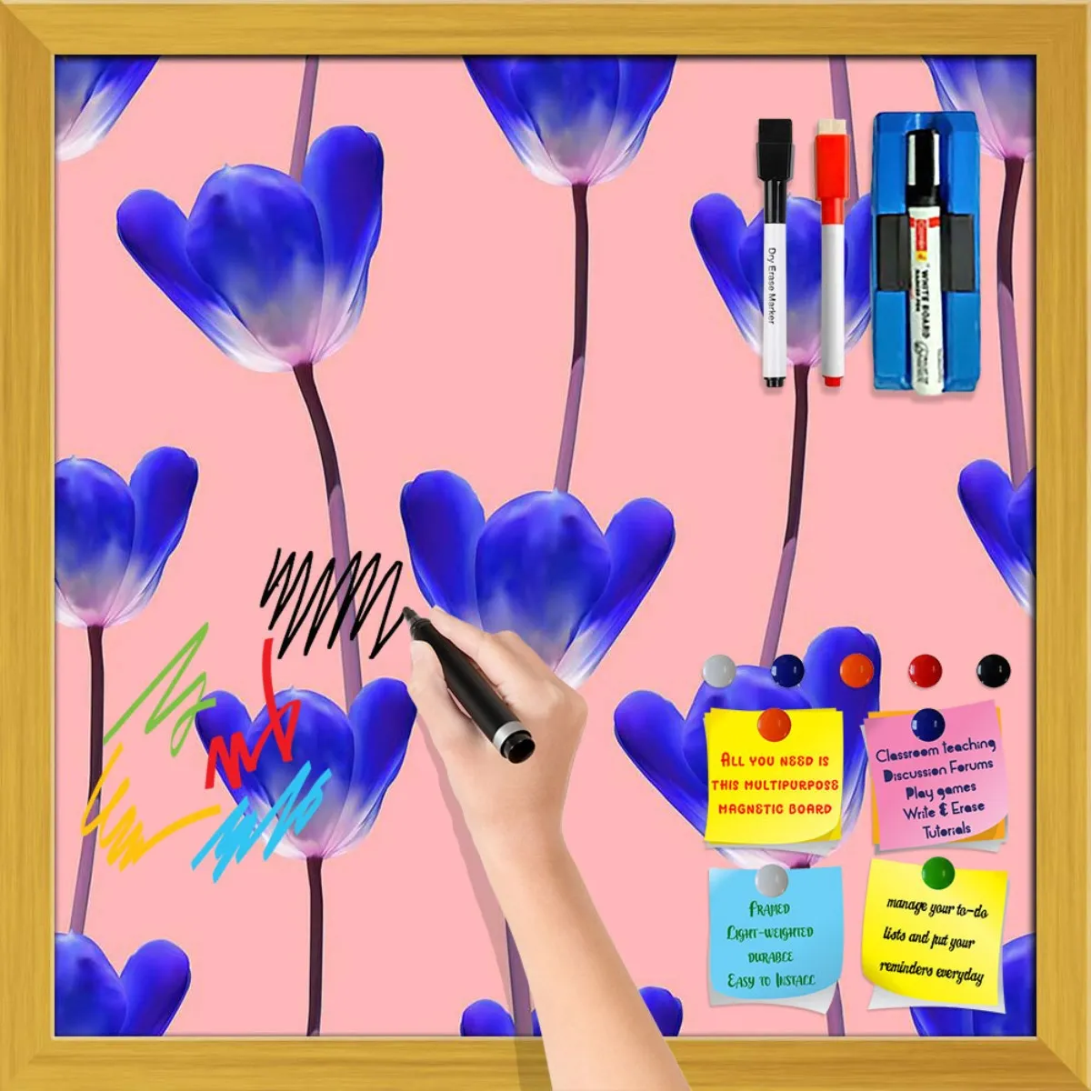 3D Tulips Pattern D4 Framed Magnetic Dry Erase Board | Combo with Magnet Buttons & Markers