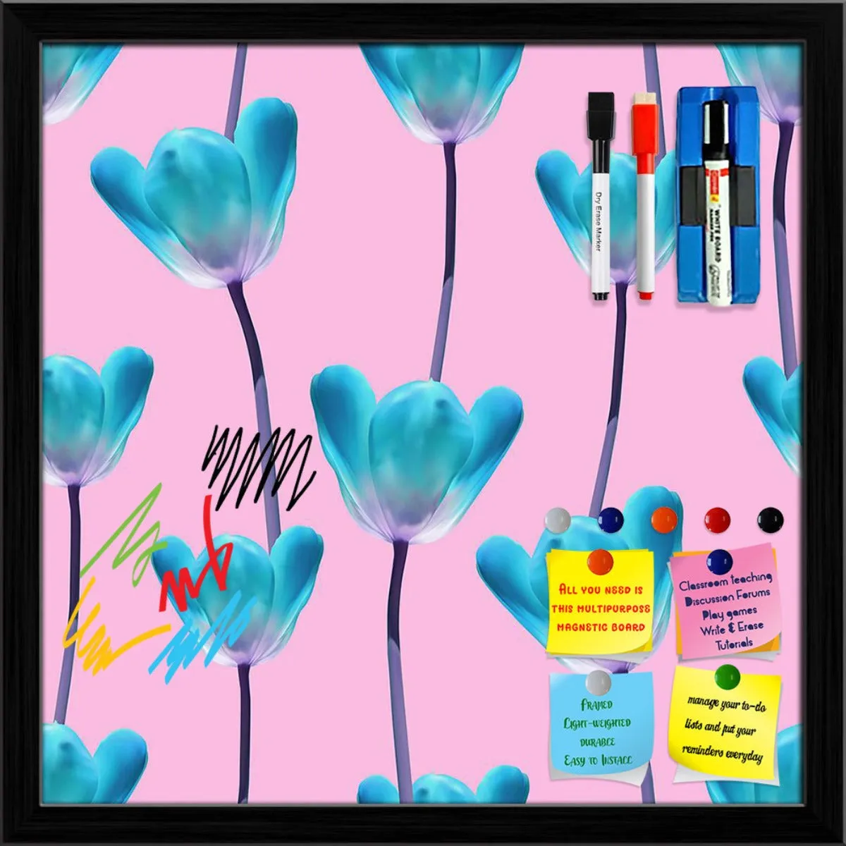 3D Tulips Pattern D5 Framed Magnetic Dry Erase Board | Combo with Magnet Buttons & Markers