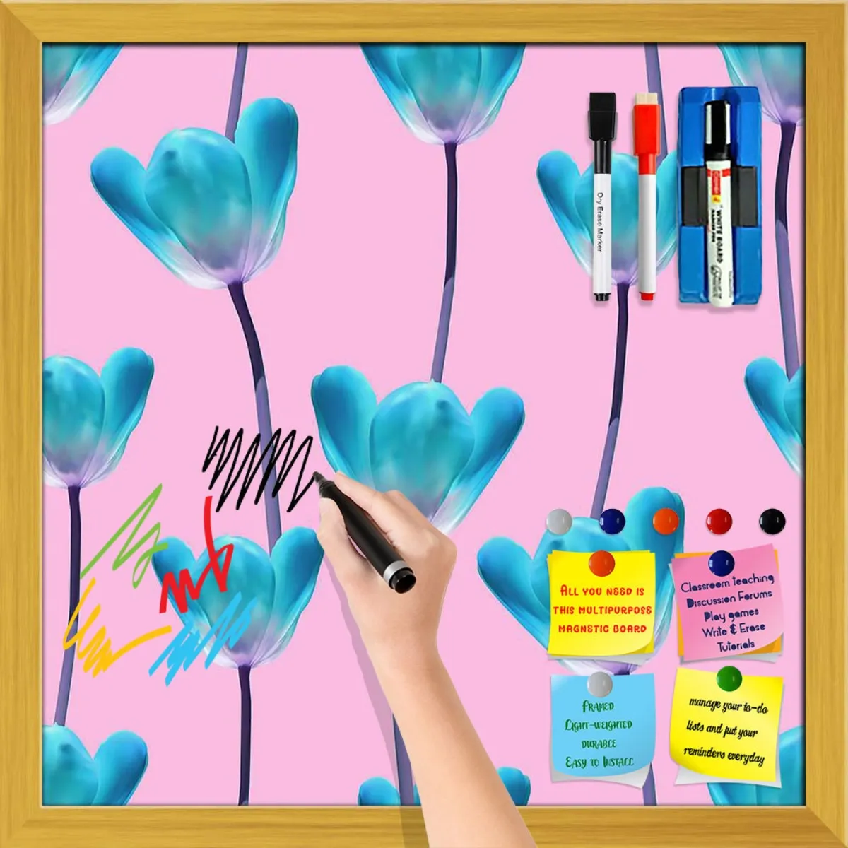 3D Tulips Pattern D5 Framed Magnetic Dry Erase Board | Combo with Magnet Buttons & Markers