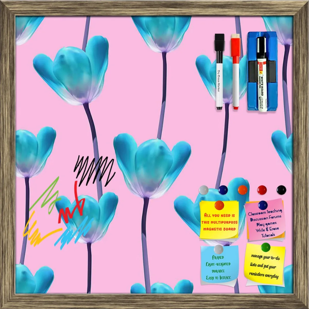 3D Tulips Pattern D5 Framed Magnetic Dry Erase Board | Combo with Magnet Buttons & Markers