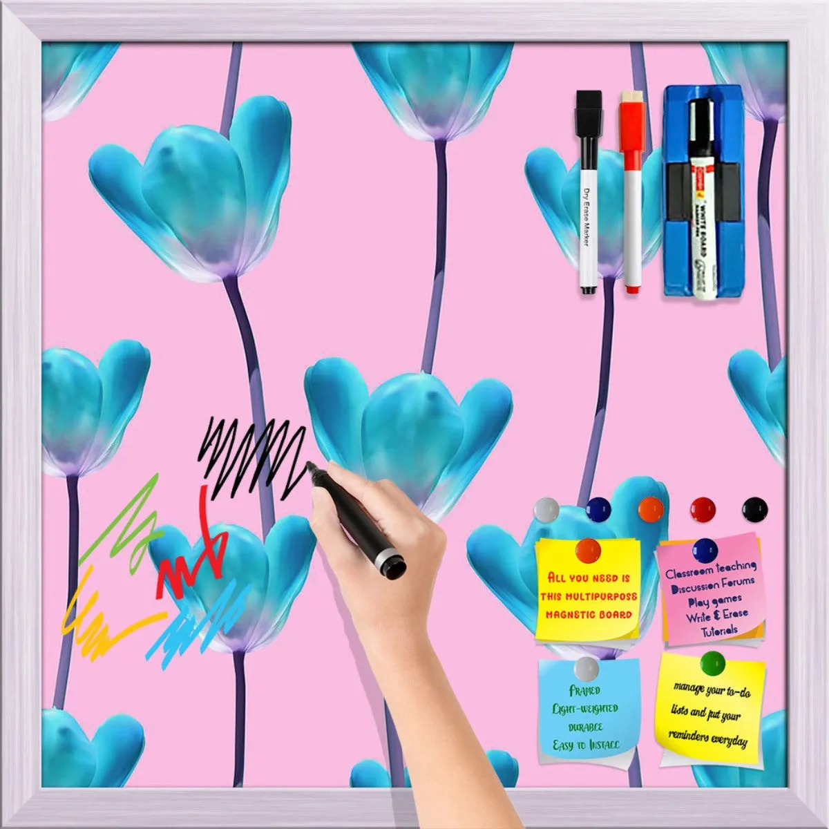 3D Tulips Pattern D5 Framed Magnetic Dry Erase Board | Combo with Magnet Buttons & Markers