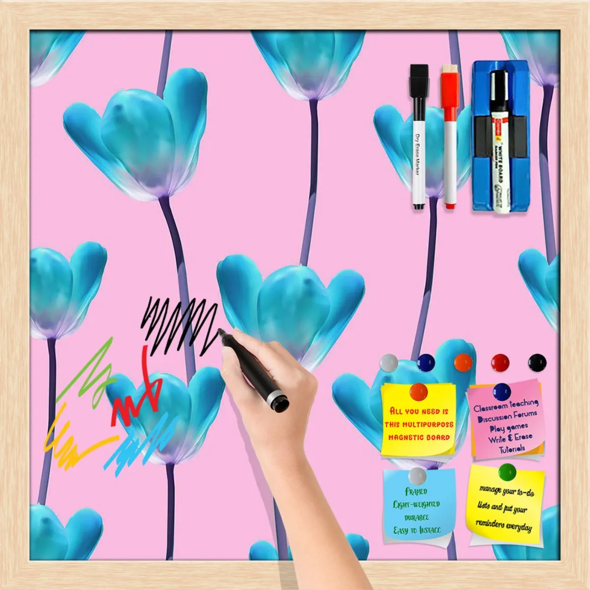 3D Tulips Pattern D5 Framed Magnetic Dry Erase Board | Combo with Magnet Buttons & Markers