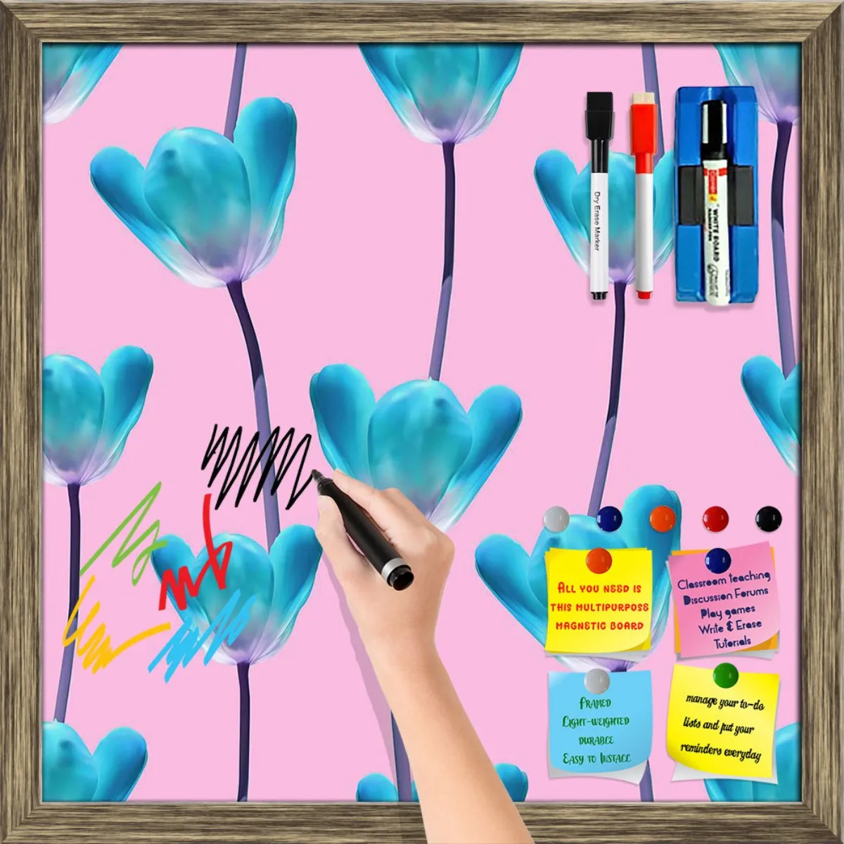 3D Tulips Pattern D5 Framed Magnetic Dry Erase Board | Combo with Magnet Buttons & Markers
