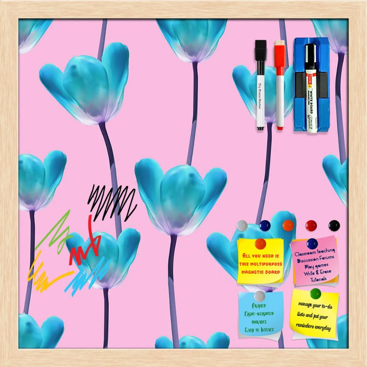 3D Tulips Pattern D5 Framed Magnetic Dry Erase Board | Combo with Magnet Buttons & Markers